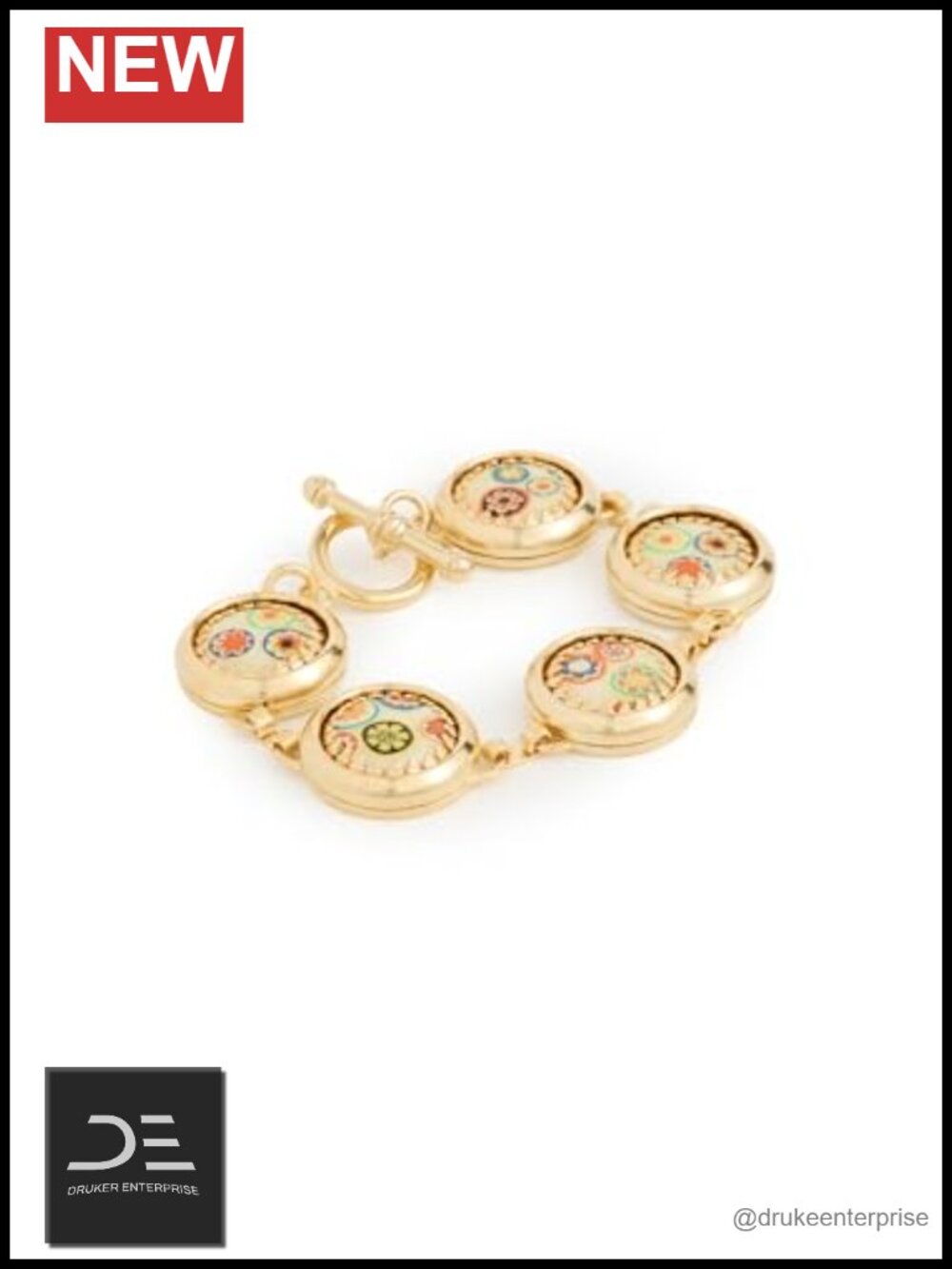 Gold Plated Brass Wrap Bracelet with Glass Beads Floral Design Toggle Closure